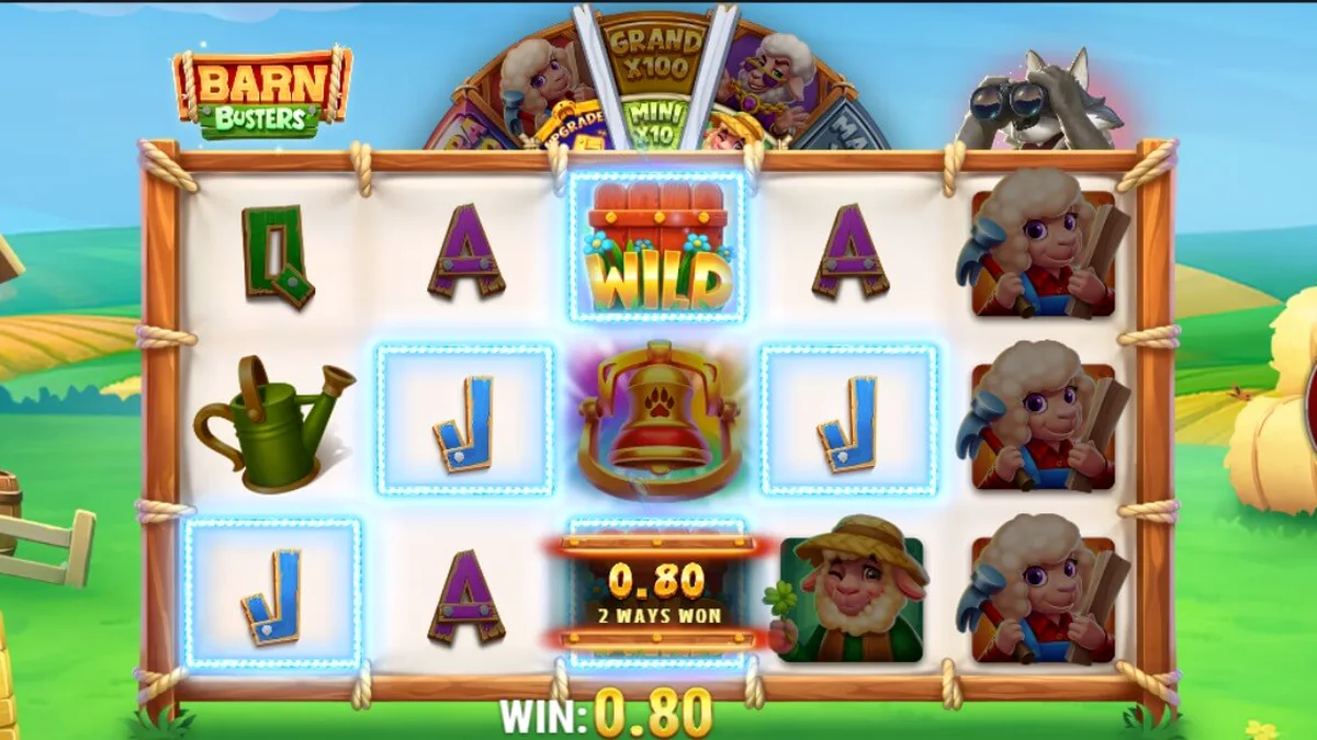 Interface do jogo de slot Barn Busters com o lobo e o celeiro ao fundo