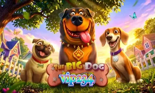 Interface colorida e animada do slot The Big Dog House com símbolos de cães